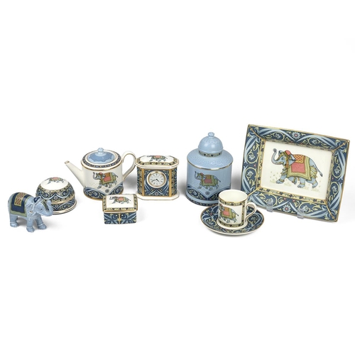 67 - Wedgwood Blue Elephant bone china to include: A teapot (H 10cm); Cup and saucer; quartz battery cloc... 