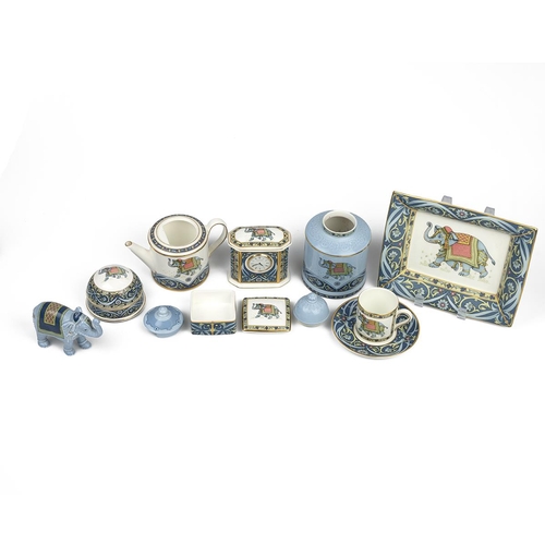 67 - Wedgwood Blue Elephant bone china to include: A teapot (H 10cm); Cup and saucer; quartz battery cloc... 