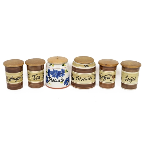 70 - Toni Raymond Pottery - a collection of 6 storage jars with beechwood lids for coffee, tea, biscuits ... 