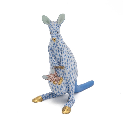 89 - Herend Kangaroo and joey in pouch, with blue fishnet decoration, solid blue tail and joey in rust re... 