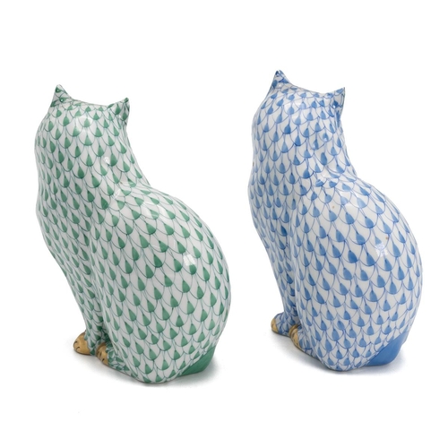 90 - Herend - two Fishnet pattern cats - one in blue, the other green, each with 24ct gold highlights. Pr... 