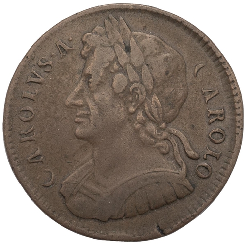 106 - 1675 King Charles II copper Halfpenny coin (S 3393). Obverse: left-facing laureate cuirassed bust, '... 