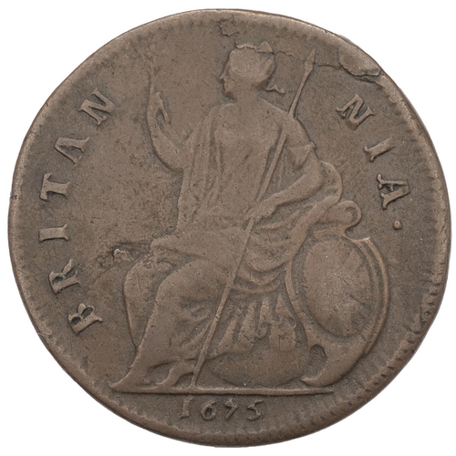 106 - 1675 King Charles II copper Halfpenny coin (S 3393). Obverse: left-facing laureate cuirassed bust, '... 