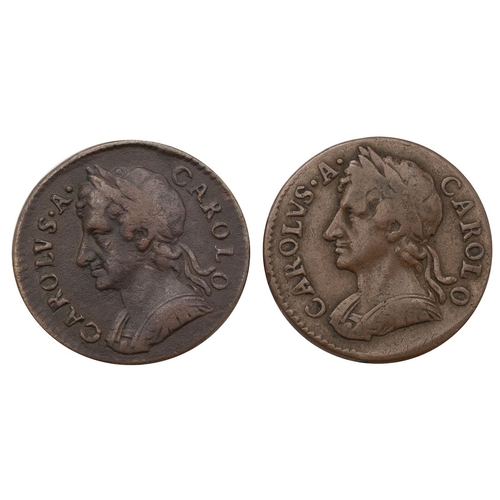 107 - Two (2) 1670s King Charles II early milled copper Farthings (S 3394). Includes (1) 1674 Farthing, an... 