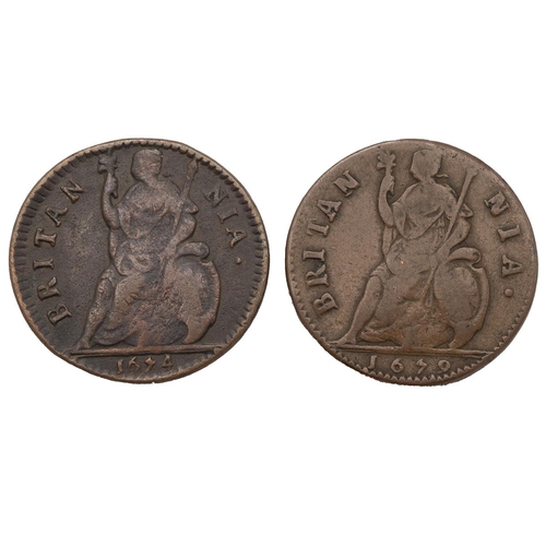 107 - Two (2) 1670s King Charles II early milled copper Farthings (S 3394). Includes (1) 1674 Farthing, an... 