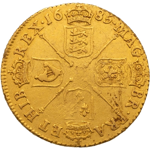 108 - 1685 gold 'full' Guinea from the first year of King James II's reign (S 3400, Farey 260, Bull 321). ... 