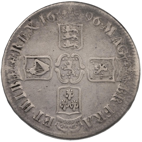 113 - 1696 King William III silver Crown with third bust and unbarred 'A' in 'GRA' (S 3472, Bull 1004). Ob... 