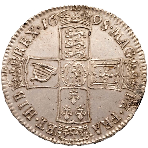 115 - 1698 King William III ex-mount silver Halfcrown with DECIMO edge and large shields (S 3494). Obverse... 