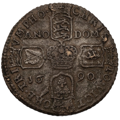 118 - 1690 King James II Irish Halfcrown-type brass Gun Money Crown coin (S 6578). Obverse: armoured soldi... 