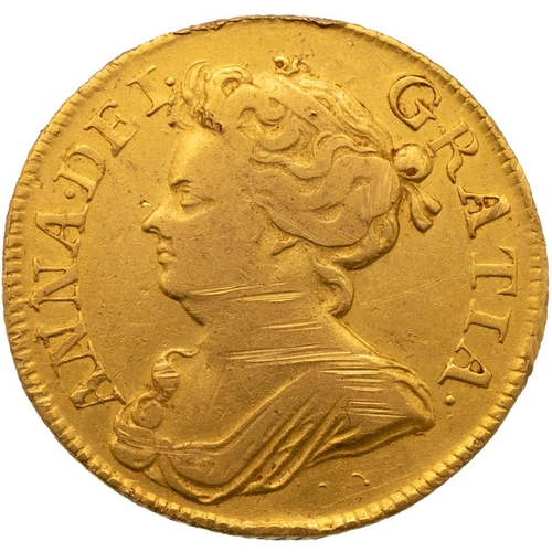 119 - 1713 Queen Anne third bust type gold Guinea, issued after the Acts of Union (S 3574, Farey 560). Obv... 