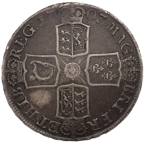 120 - 1707E Edinburgh Post-Union Queen Anne silver Crown with 'SEXTO' edged (S 3600). Obverse: second left... 