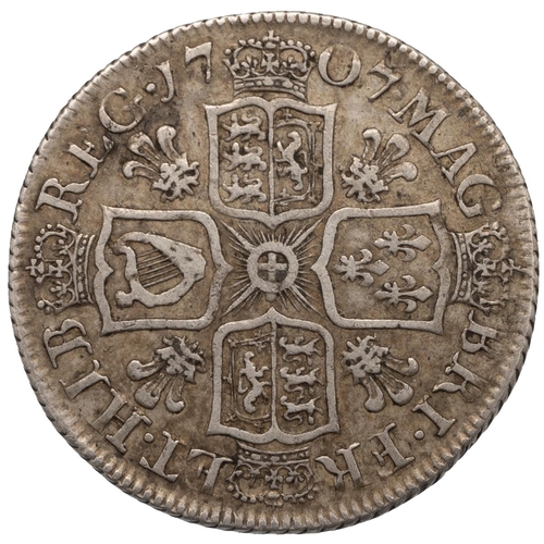 124 - 1707 Queen Anne post-Union with Scotland silver Shilling with plumes in the angles (S 3611, ESC 1142... 