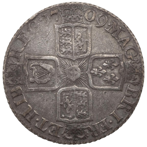 126 - 1709 Queen Anne Post-Union silver Shilling with third draped bust and plain angles (S 3610). Obverse... 