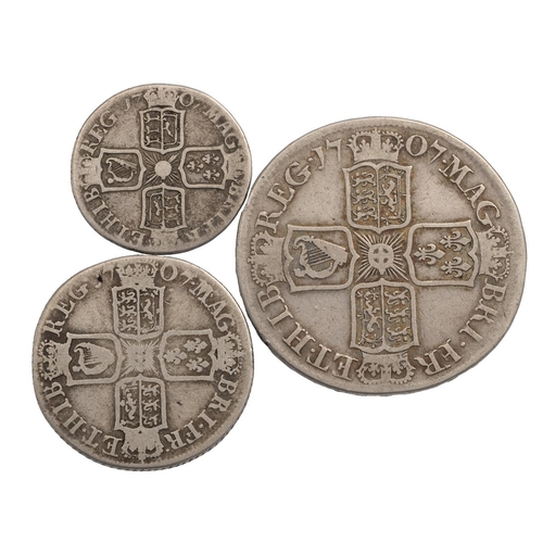 128 - Three (3) 1707 Queen Anne Edinburgh mint post-Union silver coins, all with 'E' under the bust. Inclu... 