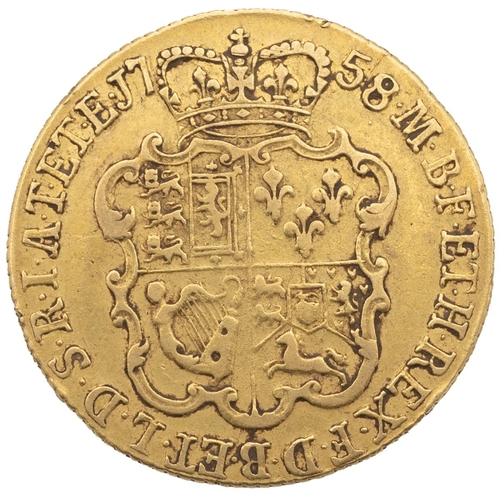 136 - 1758 George II 'full' gold Guinea with old laureate head of the King (S 3680, Bull 621). Obverse: le... 