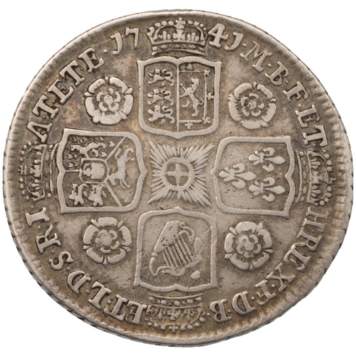 139 - 1741 King George II silver Shilling with roses in the angles on the reverse (S 3701). Obverse: young... 