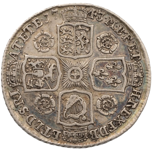 140 - 1743 silver Shilling of King George II with roses in the angles and old laureate bust (S 3702, ESC 1... 