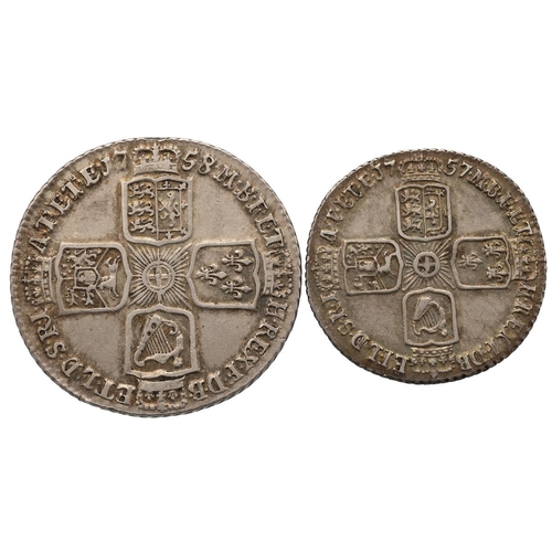 142 - Two (2) King George II silver coins. Includes (1) 1758 Shilling with old laureate bust, S 3704, and ... 