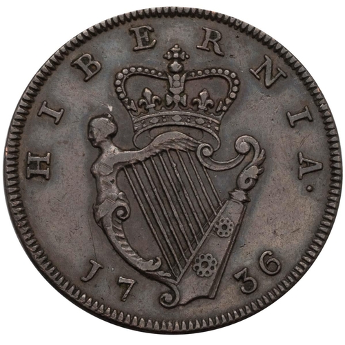 143 - 1736 King George II copper type I Halfpenny struck for use in Ireland (S 6605). Obverse: left-facing... 