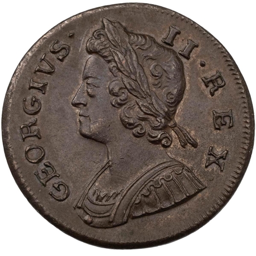 144 - 1738 King George II uncirculated copper Halfpenny with young laureate cuirassed bust (S 3717). Obver... 