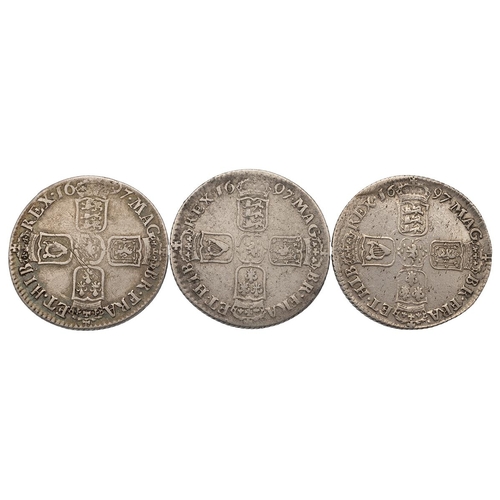 152 - Three (3) 1697-dated King William III London Tower mint Shillings. Includes (1) 1697 Shilling with f... 