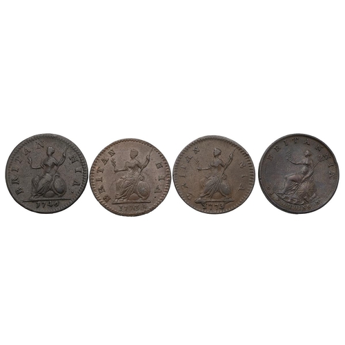 154 - Four (4) King George II and King George III copper Farthings. Includes (1) 1746 Farthing, S 3722, gF... 