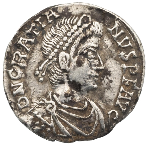 19 - 367-383 AD Gratian silver AR Siliqua, Lugdunum (Lyon) mint (RIC 27). Obverse: draped and diademed bu... 