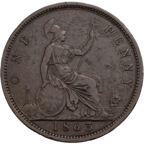 196 - 1863 Queen Victoria bronze 'Bun Head' Penny with rare open 3 to date (S 3954). Obverse: type 6 laure... 