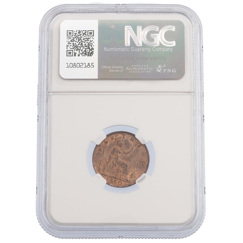 206 - 1860 Queen Victoria bronze Farthing 1/4p toothed borders coin graded MS 64 BN by NGC (S 3958). Obver... 