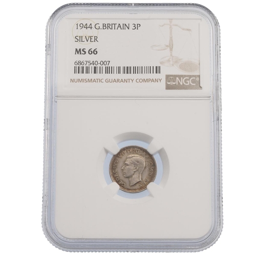 217 - 1944 Top Pop King George VI silver Threepence coin graded MS 66 by NGC (S 4085, ESC 2158). Obverse: ... 