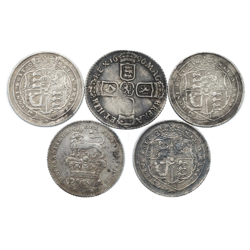 218 - Five (5) milled silver Sixpences in collectable grades. Includes (1) 1696 King William III Sixpence,... 