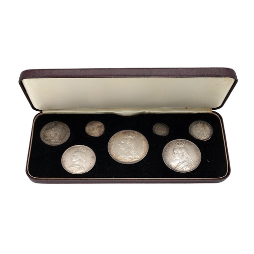 220 - 1887 Queen Victoria Golden Jubilee silver seven-coin specimen set in fitted case. Includes (1) 1887 ... 