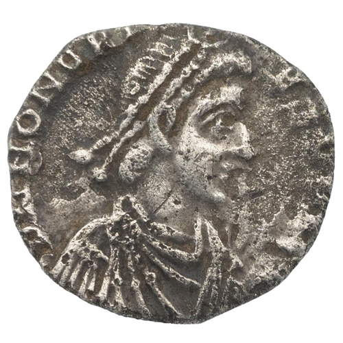 23 - 393-423 AD Honorius silver AR Half Siliqua, rare, uncertain mint. Obverse: pearl diademed bust, drap... 