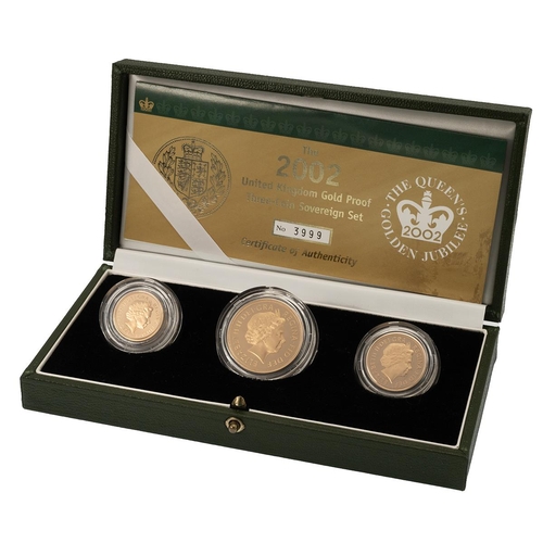 247 - 2002 Royal Mint three coin gold proof Sovereign set with Golden Jubilee design. Includes (1) 2002 pr... 