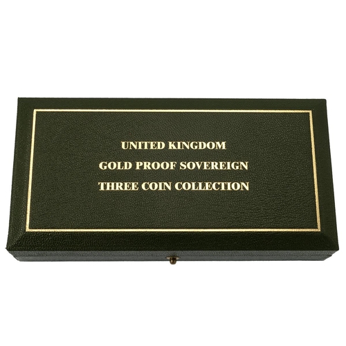 247 - 2002 Royal Mint three coin gold proof Sovereign set with Golden Jubilee design. Includes (1) 2002 pr... 