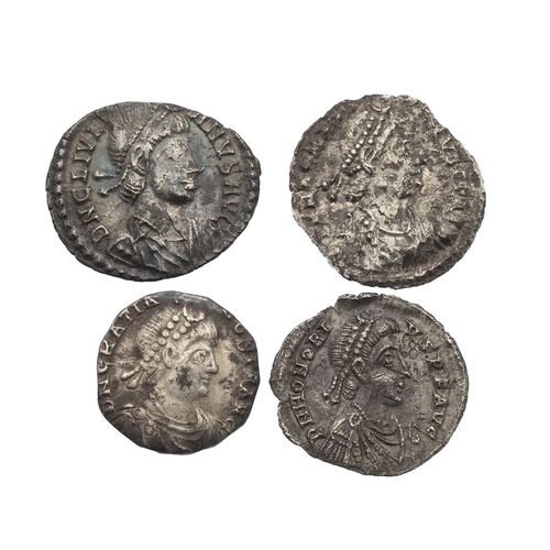 26 - Four (4) collectable Roman silver AR Siliquas of Emperors Gratian, Julian, and Honorius, one unident... 