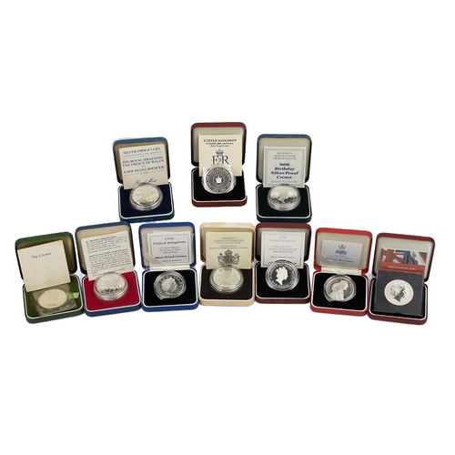 308 - Ten (10) silver proof Royal Mint 25p and £5 Crown coins in original presentation boxes. Includes (1)... 