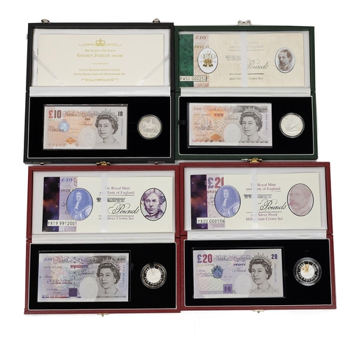 313 - Four (4) Royal Mint silver proof coin and Bank of England note commemorative collectors sets. Includ... 