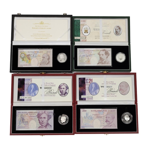 313 - Four (4) Royal Mint silver proof coin and Bank of England note commemorative collectors sets. Includ... 