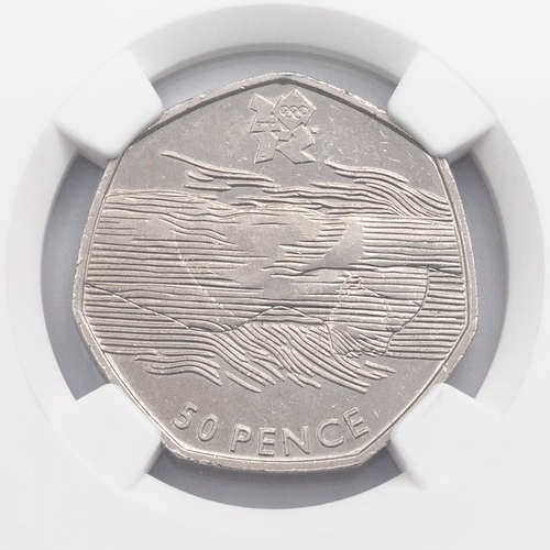 332 - 2011 Olympic Aquatics 50p with rare lines over the face variation, graded AU 53 by NGC. Obverse: Jod... 