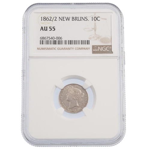 337 - 1862/2 New Brunswick Canadian provinces 2 over 2 10 Cents (10¢) graded AU 55 by NGC. Obverse: left-f... 