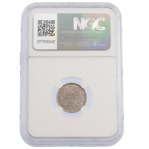 337 - 1862/2 New Brunswick Canadian provinces 2 over 2 10 Cents (10¢) graded AU 55 by NGC. Obverse: left-f... 