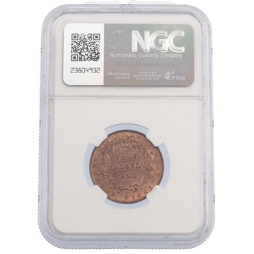 355 - 1858(w) British India J Watt & Sons Victorian copper Quarter Anna (1/4A) coin graded MS 64 RB. Obver... 