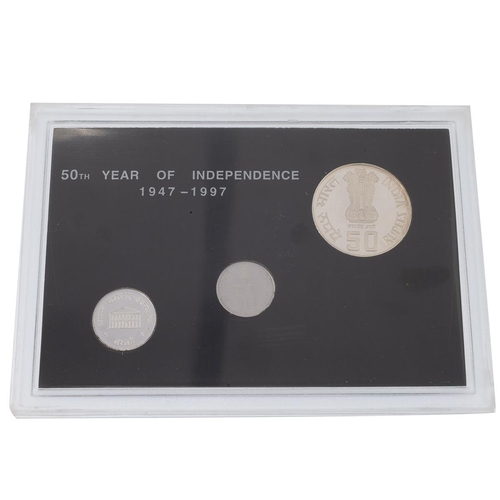 356 - 1947-1997 50th Anniversary of India's Independence commemorative Mumbai proof three-piece set. Inclu... 