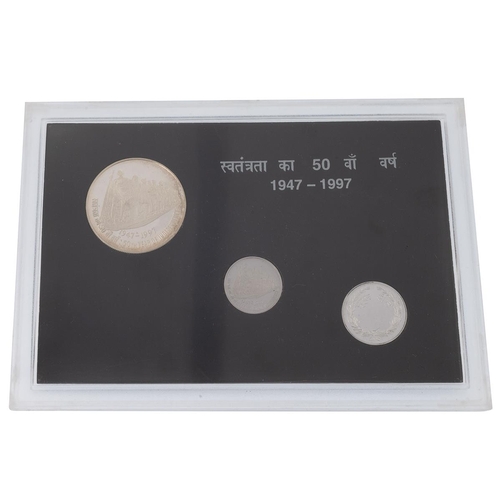 356 - 1947-1997 50th Anniversary of India's Independence commemorative Mumbai proof three-piece set. Inclu... 