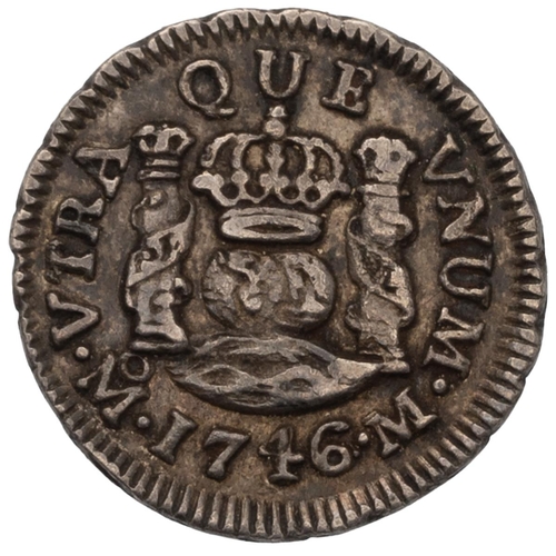 361 - 1746 King Philip V silver Half Real coin; final issue from the year of Felipe's death. Obverse: crow... 