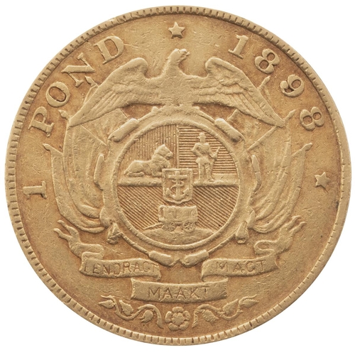 374 - 1898 South African Republic 22-carat gold one Kruger Pond coin (KM 10.2). Obverse: left-facing bust ... 