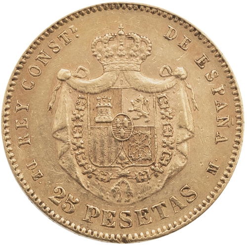 375 - 1877 Alfonso XII Spain gold 25 Pesetas coin (KM 673). Obverse: right-facing second bust of Alfonso X... 