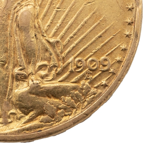 383 - 1909/8 overdate gold USA Double Eagle $20 Saint Gaudens Philadelphia mint coin. Obverse: Lady Libert... 