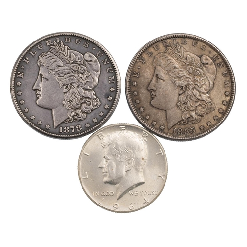 388 - Three (3) United States 900 silver Morgan Dollars and Kennedy Dollar. Includes (1) 1878-CC Carson Ci... 